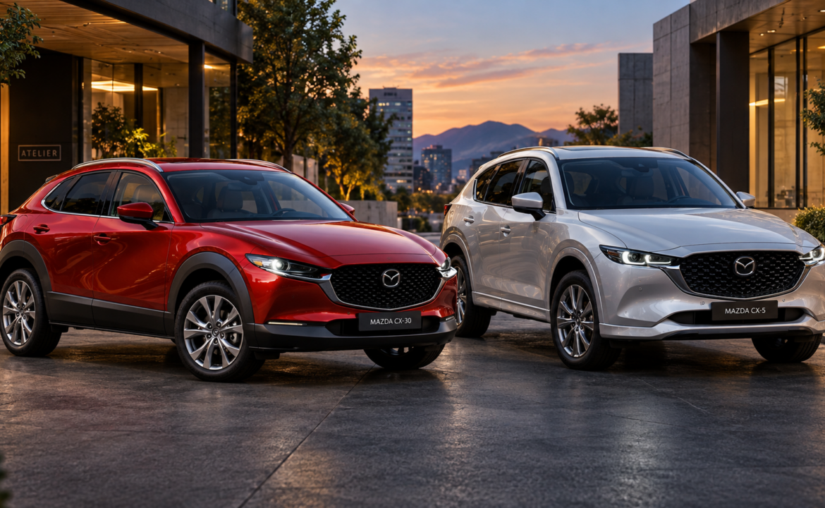 Mazda CX-30 roja y Mazda CX-5 plateada en comparativa de SUV.