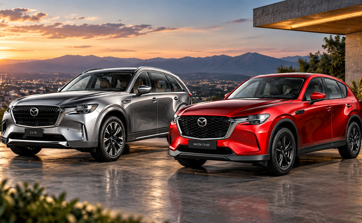 Mazda CX-90 gris y Mazda CX-60 roja estacionadas frente a una vivienda moderna al atardecer.